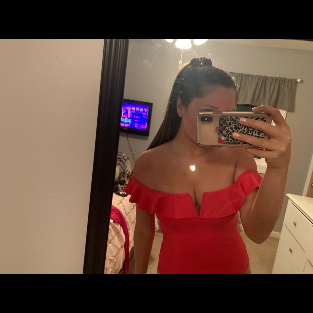 pink off the shoulder bodysuit
